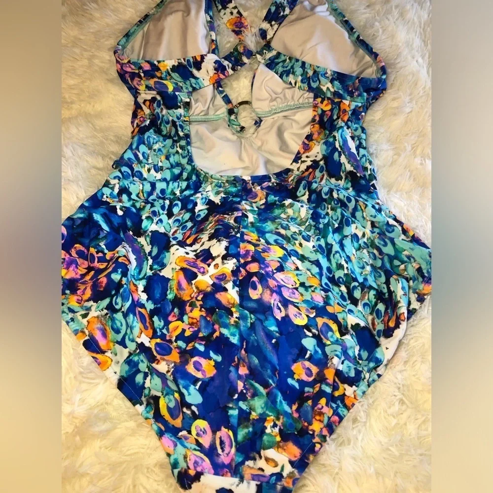VENUS Blue and Orange One Piece Swimsuit with Plunging V-neckline